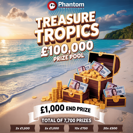 cash instant win competition Treasure Tropics with over £100,000 in instant wins prizes, cash instant wins, best odds with phantom competitions