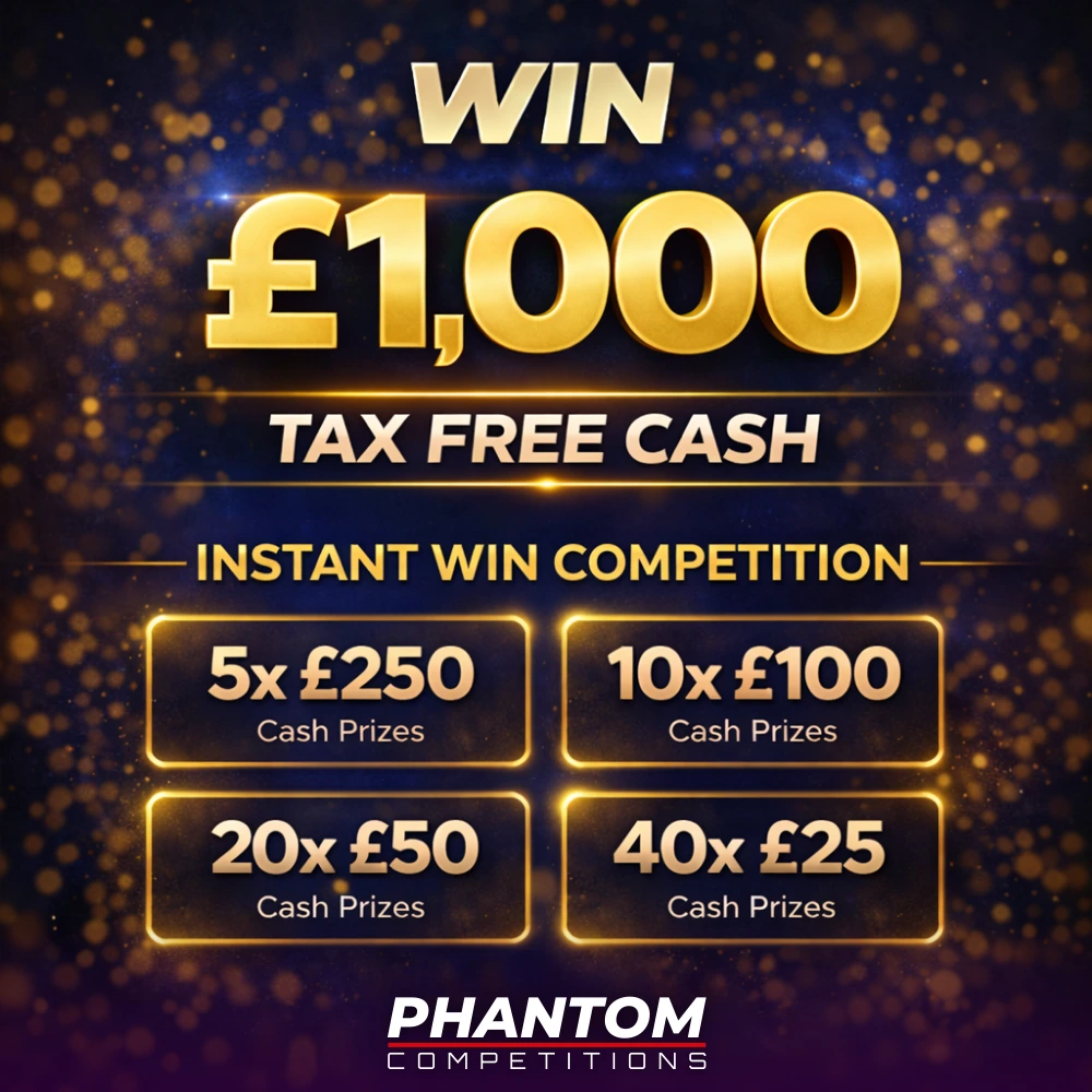 Instant Win competition with £1,000 End Prize and over 1000+ Cash Instant Wins. Join Phantom Competitions Instant Wins UK Today